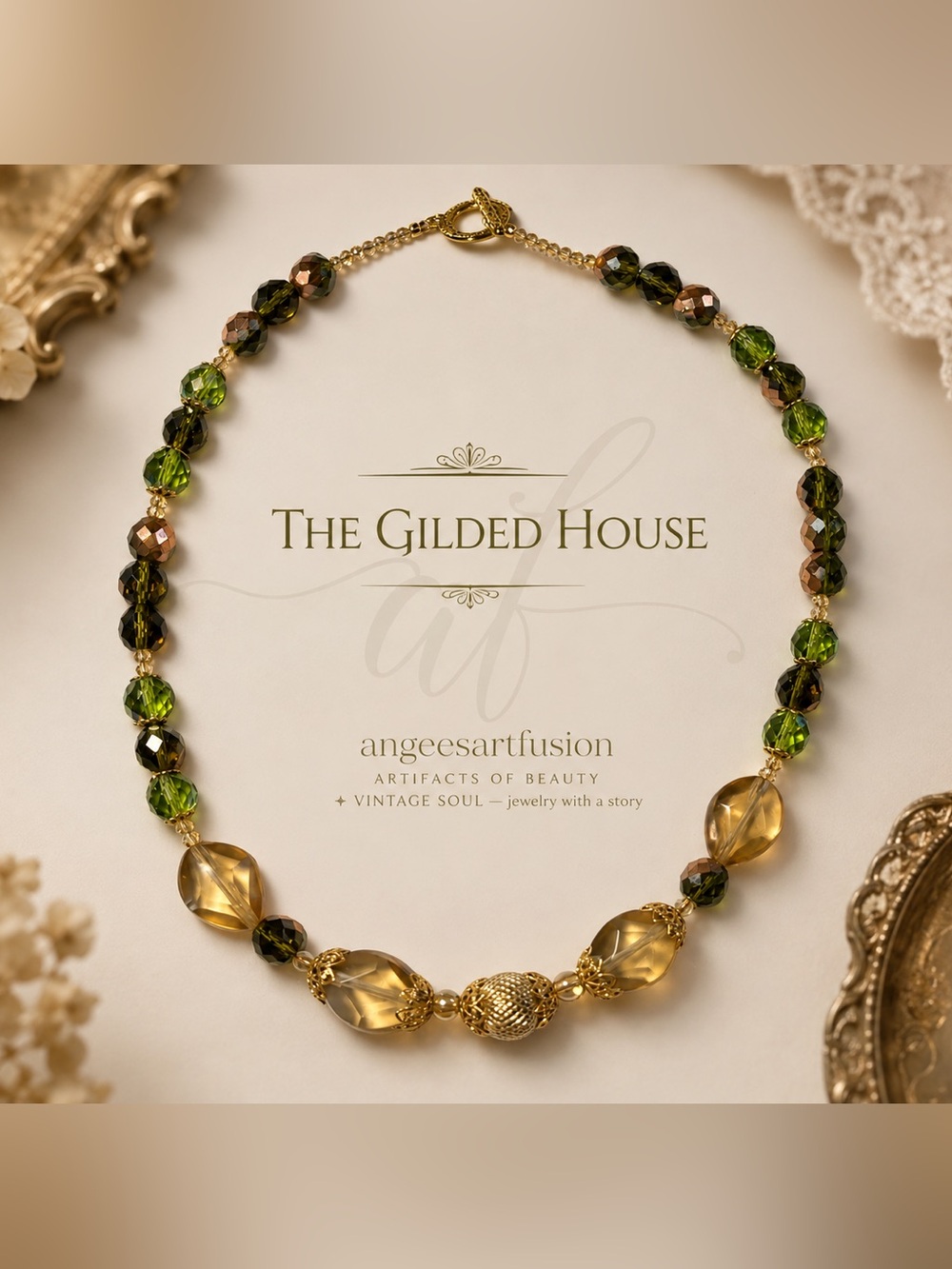 Vintage olive green glass beads, vintage Lucite, gold-tone - “The Gilded House”